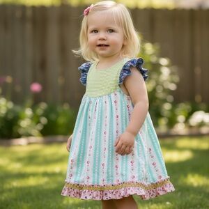 Limited Edition Matilda Jane Green and Pink Striped Platinum 2/2 Dress 6Y
